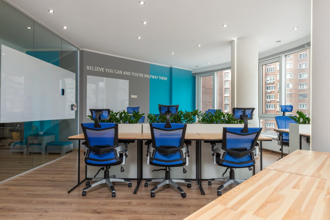Blue armchairs at table placed near green plants in modern conference room with inscription on wall and glass wall in company